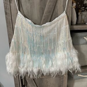 White Iridescent Sequin and Feather Boutique Skirt